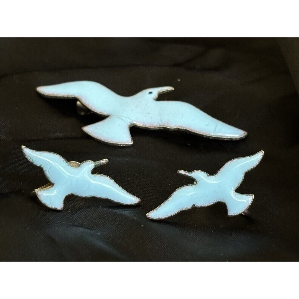 Vintage Seagull Blue Enamel on Copper Brooch & Screw Back Earrings Set Seagull